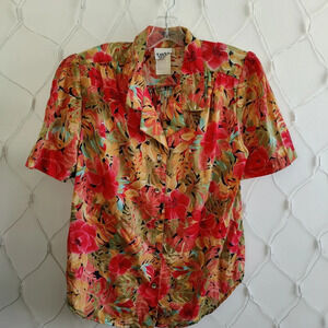 Vintage Floral Blouse / 80s / Red / Yellow & Green / Medium